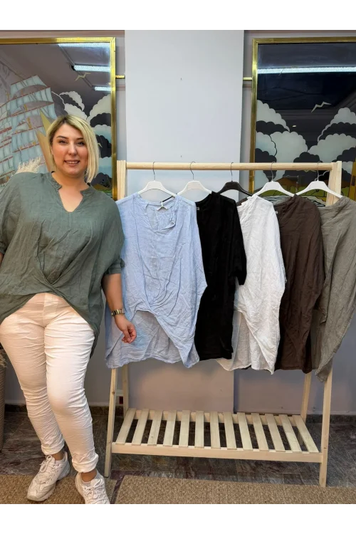 İtalyan Tasarım Önü Detaylı Ham Keten Bluz Haki