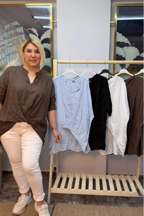 İtalyan Tasarım Önü Detaylı Ham Keten Bluz Kahve