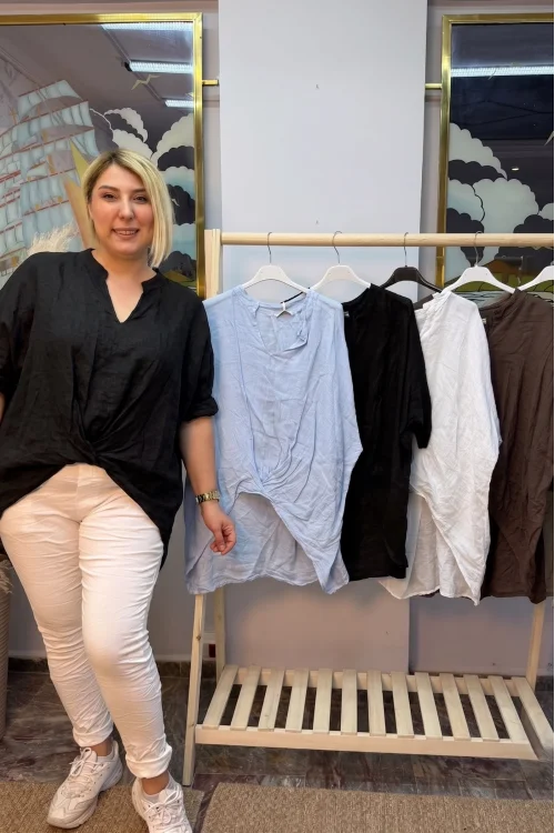 İtalyan Tasarım Önü Detaylı Ham Keten Bluz Siyah