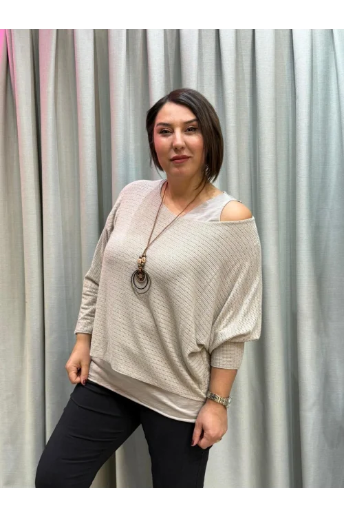 İtalyan Tasarım Simli Düz Desen Atletli ve Kolye Hediyeli Bluz Krem