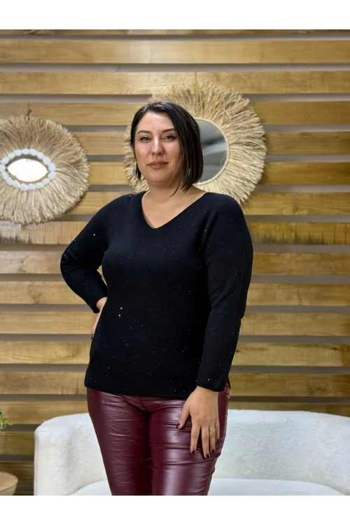 İtalyan Tasarım Taş İşlemeli V Yaka Bluz Siyah