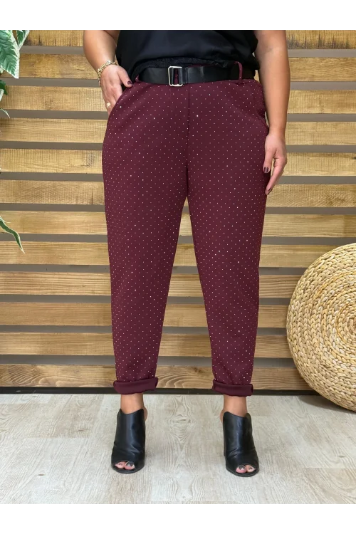 İtalyan Tasarım Taş İşlemeli Işıltı Pantolon Bordo