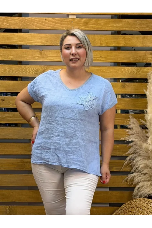 İtalyan Tasarım Yıldız Detaylı Ham Keten Bluz Bebe Mavisi