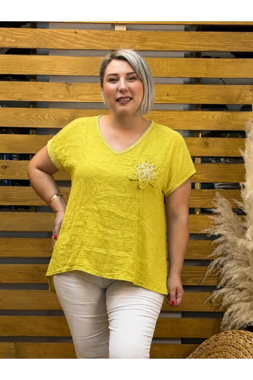 İtalyan Tasarım Yıldız Detaylı Ham Keten Bluz Sarı