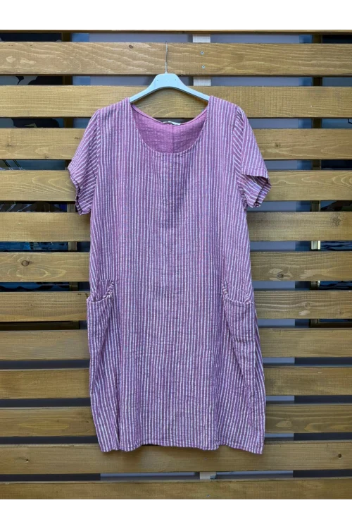 İtalyan Torba Cepli Çizgili Elbise Pembe