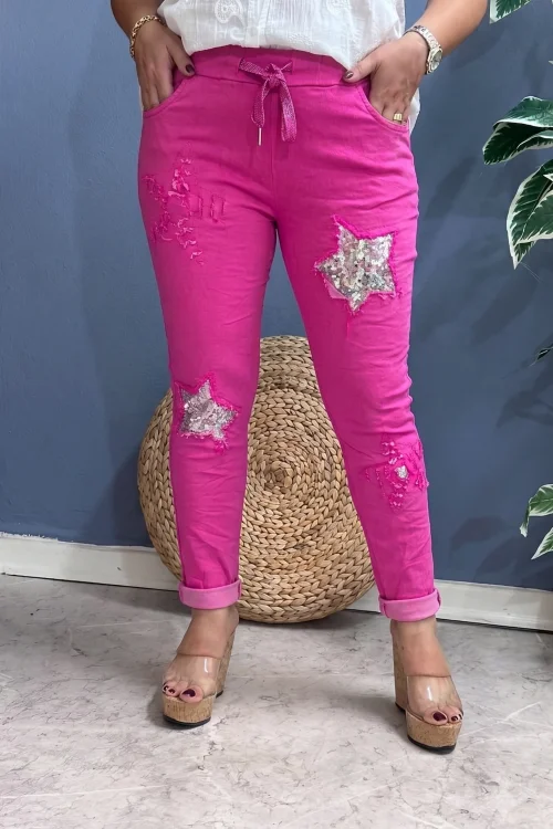 İtalyan Yıldız Detaylı Likralı Pantolon Pembe