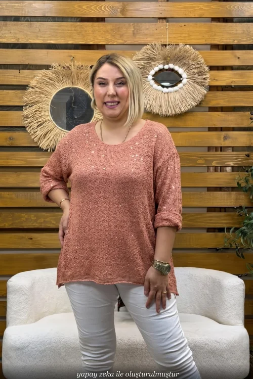 Kadın Pul Detaylı V Yaka Örme Yün Triko Bluz Nar Çiçeği