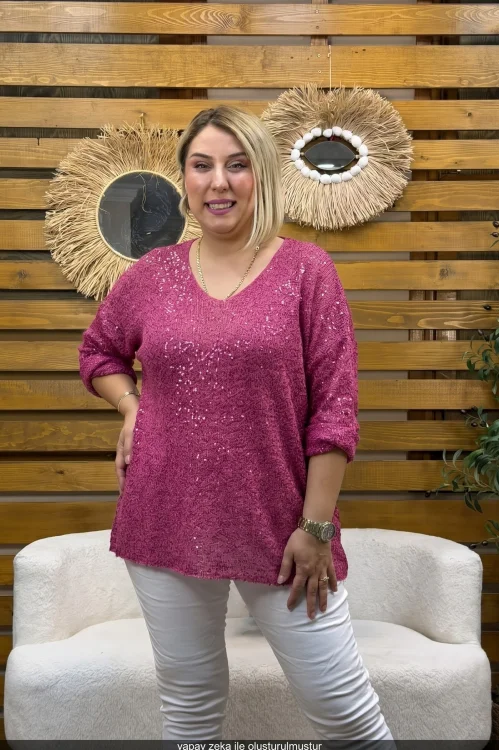 Kadın Pul Detaylı V Yaka Örme Yün Triko Bluz Şarabi