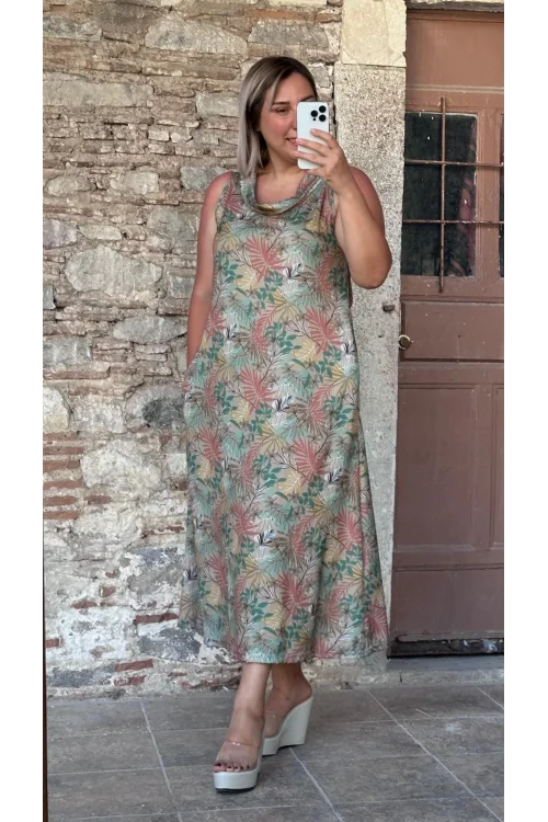 Paprica Degaje Yaka Desen Elbise Vizon