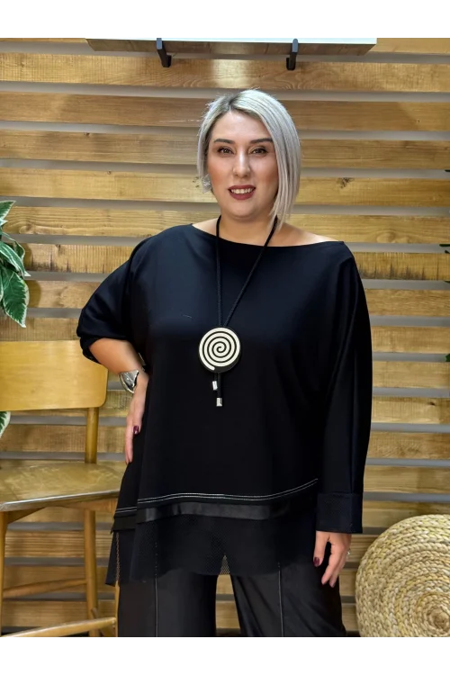 Tasarım Asimetrik Kesim Kolyeli Kayık Yaka Bluz