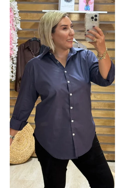 Tasarım Poplin Kumaş Klasik Gömlek Lacivert