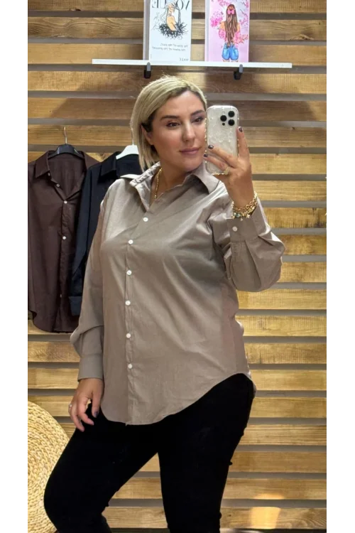 Tasarım Poplin Kumaş Klasik Gömlek Vizon