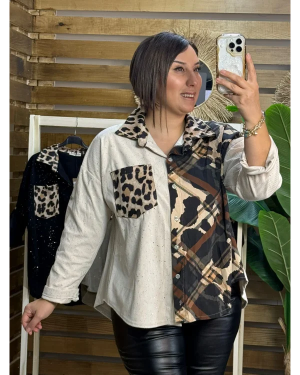 İtalyan Tasarım Leopar Desen Kadife Gömlek Beyaz