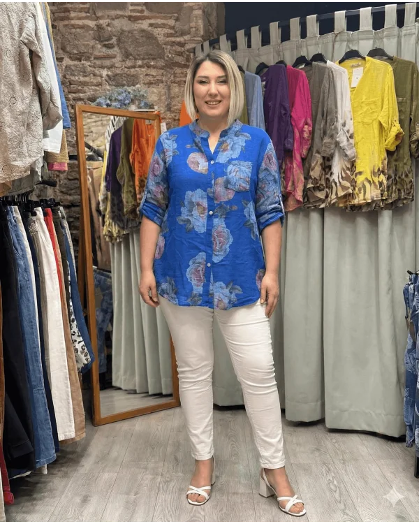 İtalyan Tasarım Gül Baskı Keten Gömlek Saks Mavi