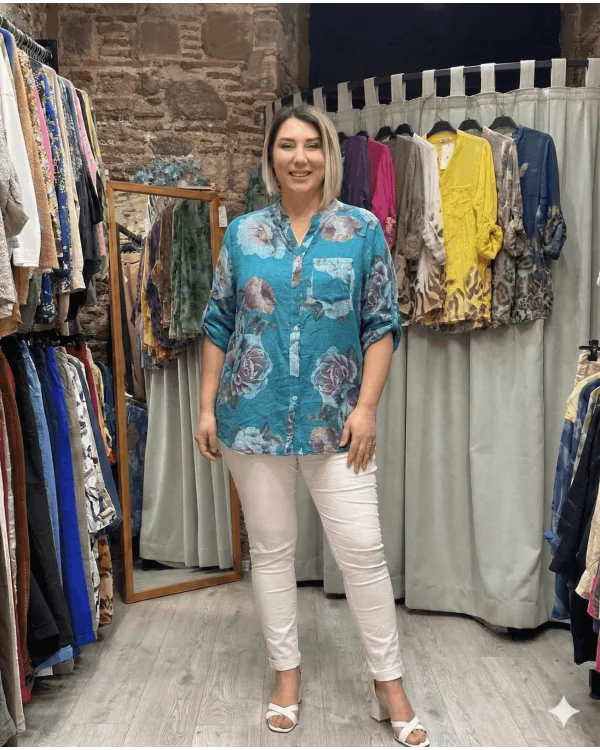 İtalyan Tasarım Gül Baskı Keten Gömlek Mercan Mavi