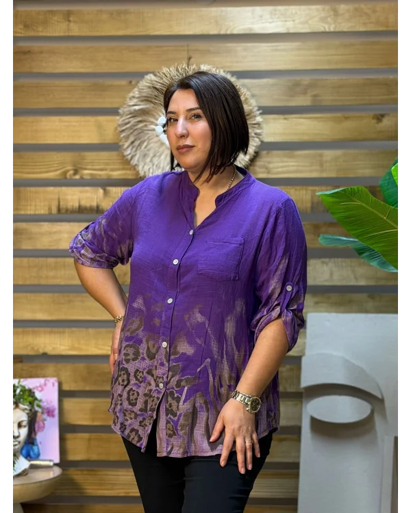 İtalyan Tasarım Keten Leopar Desen Gömlek Mor