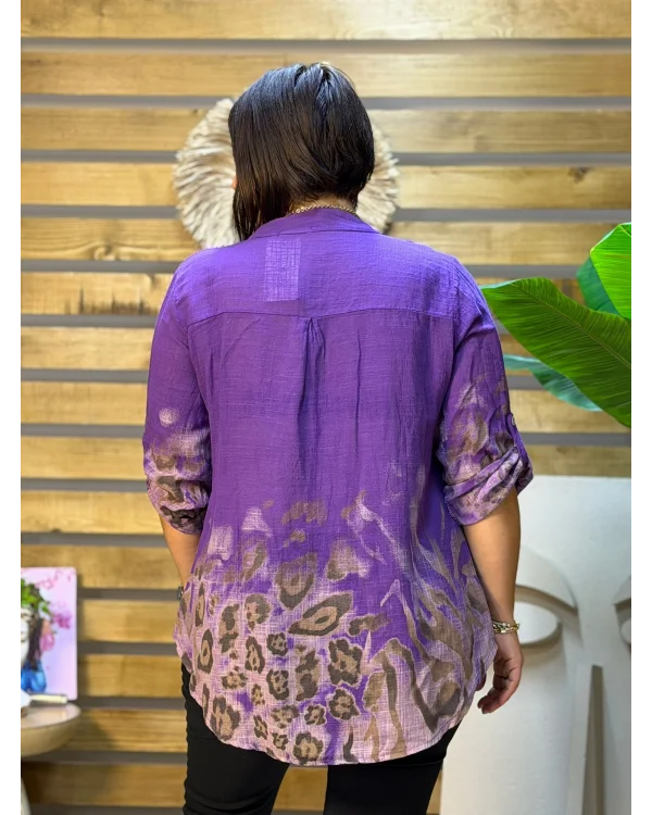 İtalyan Tasarım Keten Leopar Desen Gömlek Mor