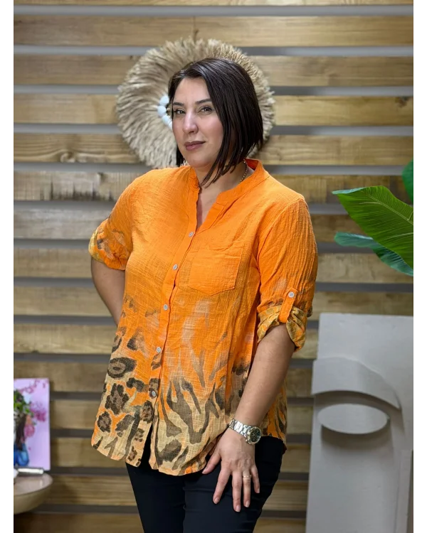 İtalyan Tasarım Keten Leopar Desen Gömlek Turuncu