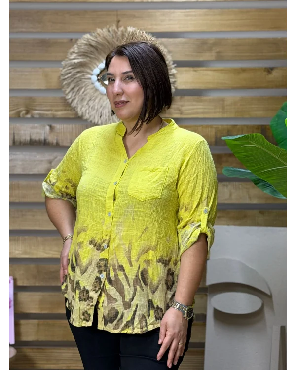 İtalyan Tasarım Keten Leopar Desen Gömlek Sarı