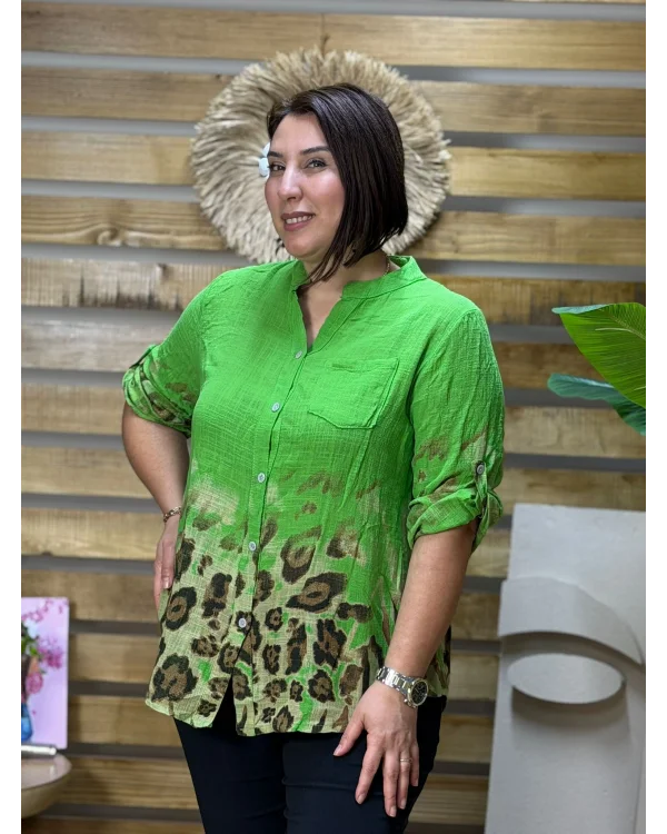 İtalyan Tasarım Keten Leopar Desen Gömlek Yeşil