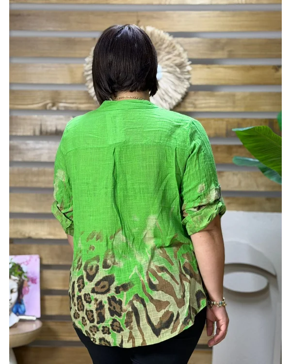 İtalyan Tasarım Keten Leopar Desen Gömlek Yeşil