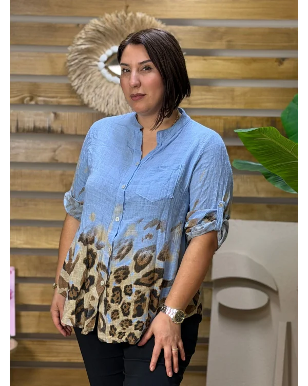 İtalyan Tasarım Keten Leopar Desen Gömlek İndigo