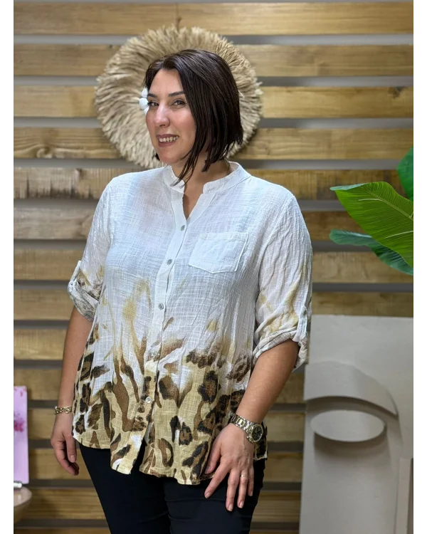 İtalyan Tasarım Keten Leopar Desen Gömlek Beyaz