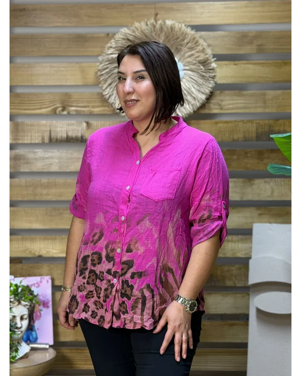 İtalyan Tasarım Keten Leopar Desen Gömlek Fuşya