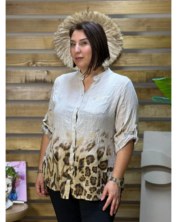 İtalyan Tasarım Keten Leopar Desen Gömlek Krem
