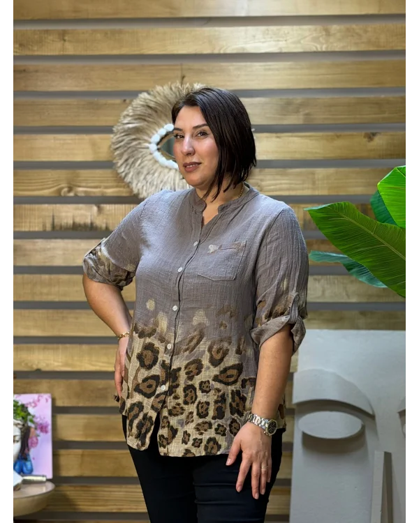 İtalyan Tasarım Keten Leopar Desen Gömlek Kahve