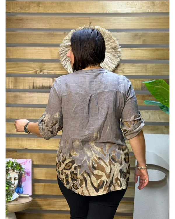 İtalyan Tasarım Keten Leopar Desen Gömlek Kahve