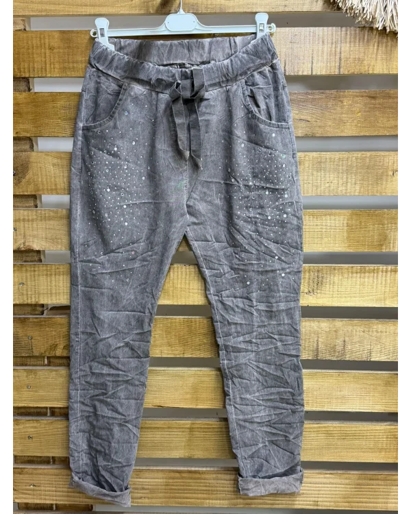 İtalyan Tasarım Taş İşleme Eskitme Detaylı Likralı Pantolon Kahve