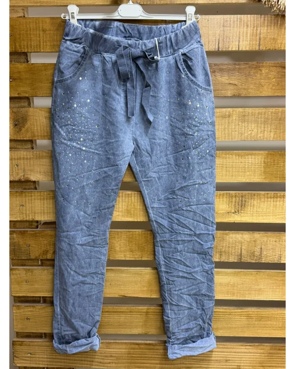 İtalyan Tasarım Taş İşleme Eskitme Detaylı Likralı Pantolon Mavi