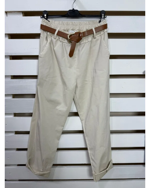 İtalyan Tasarım Havuç Kesim Likralı Kemerli Pantolon Bej