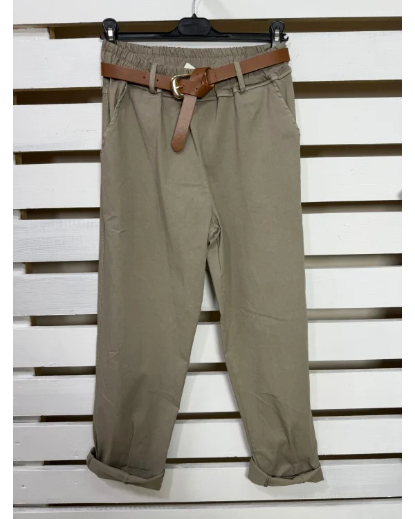 İtalyan Tasarım Havuç Kesim Likralı Kemerli Pantolon Vizon