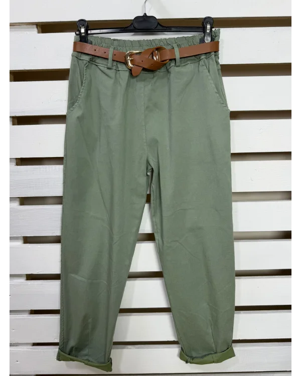 İtalyan Tasarım Havuç Kesim Likralı Kemerli Pantolon Haki