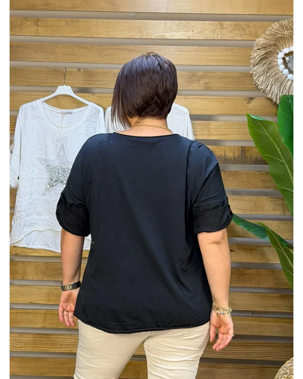 İtalyan Tasarım Önü Yıldız Kabartma Detaylı Bluz Siyah