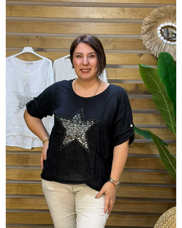 İtalyan Tasarım Önü Yıldız Kabartma Detaylı Bluz Siyah