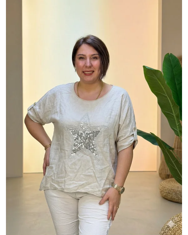 İtalyan Tasarım Önü Yıldız Kabartma Detaylı Bluz Keten