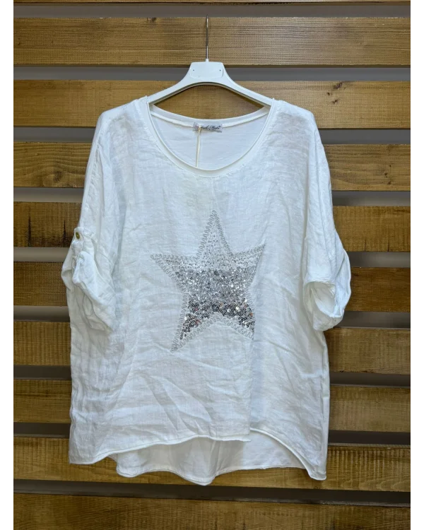 İtalyan Tasarım Önü Yıldız Kabartma Detaylı Bluz Beyaz