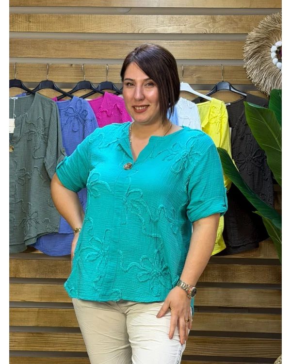 İtalyan Tasarım Gold Düğme ve Nakış Detay Müslin Gömlek Bluz Türk Mavi