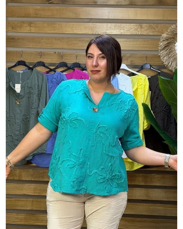 İtalyan Tasarım Gold Düğme ve Nakış Detay Müslin Gömlek Bluz Türk Mavi