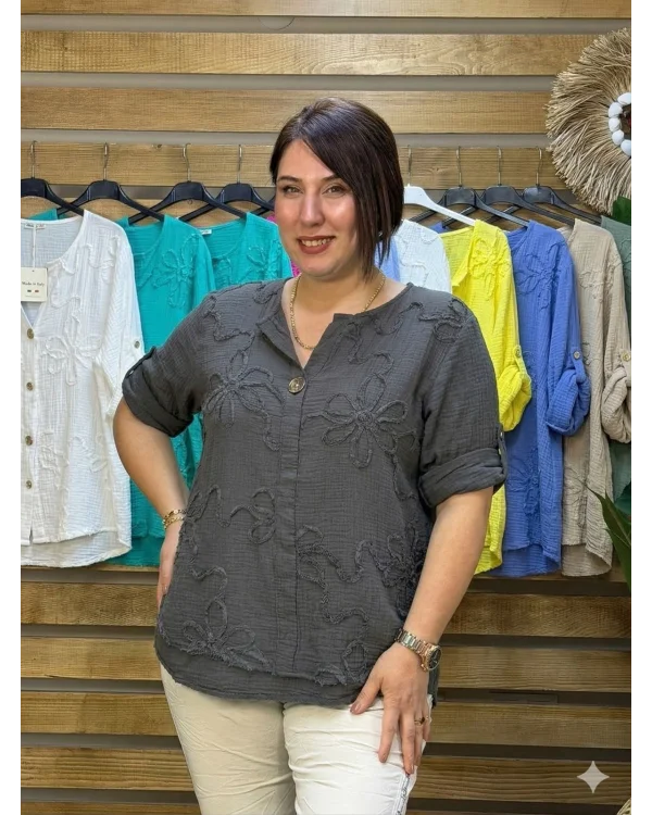 İtalyan Tasarım Gold Düğme ve Nakış Detay Müslin Gömlek Bluz Acı Kahve