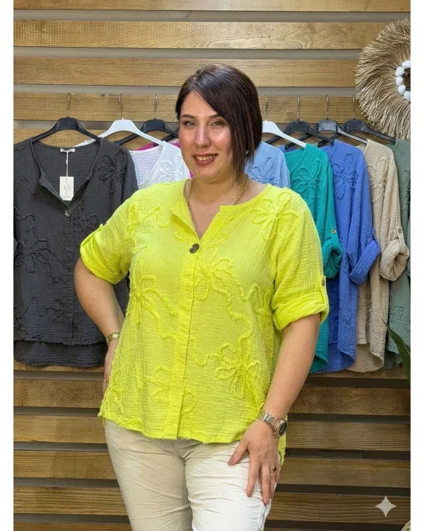 İtalyan Tasarım Gold Düğme ve Nakış Detay Müslin Gömlek Bluz Sarı