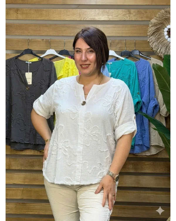 İtalyan Tasarım Gold Düğme ve Nakış Detay Müslin Gömlek Bluz Beyaz