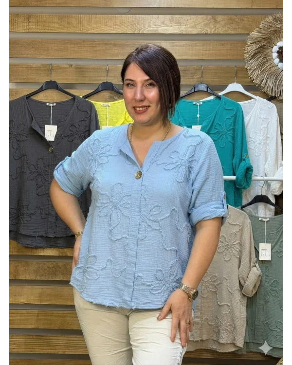 İtalyan Tasarım Gold Düğme ve Nakış Detay Müslin Gömlek Bluz İndigo