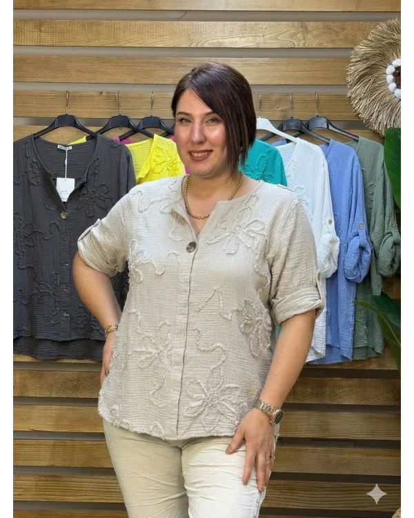 İtalyan Tasarım Gold Düğme ve Nakış Detay Müslin Gömlek Bluz Keten