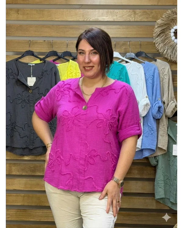 İtalyan Tasarım Gold Düğme ve Nakış Detay Müslin Gömlek Bluz Fuşya