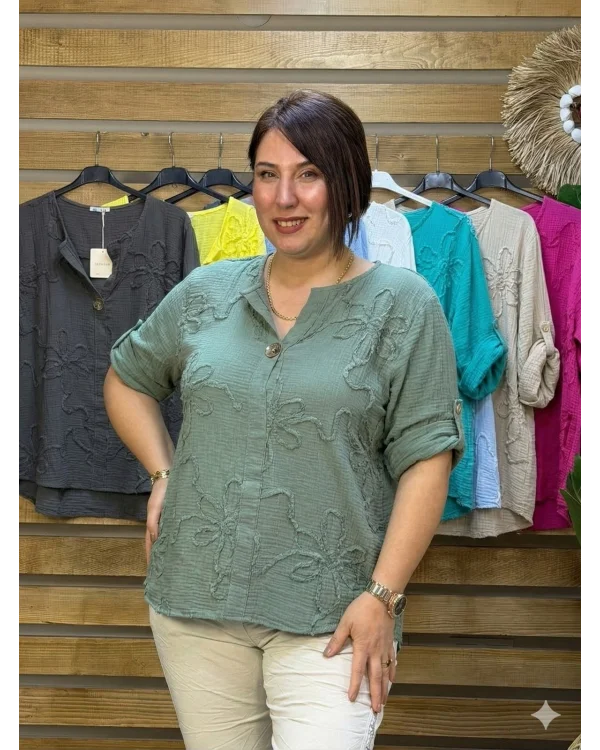 İtalyan Tasarım Gold Düğme ve Nakış Detay Müslin Gömlek Bluz Haki