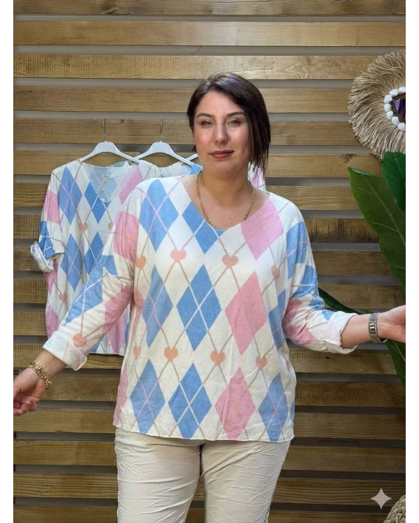 İtalyan Tasarım V Yaka Dijital Baskı Angora Karışım Hafif Bluz Mavi